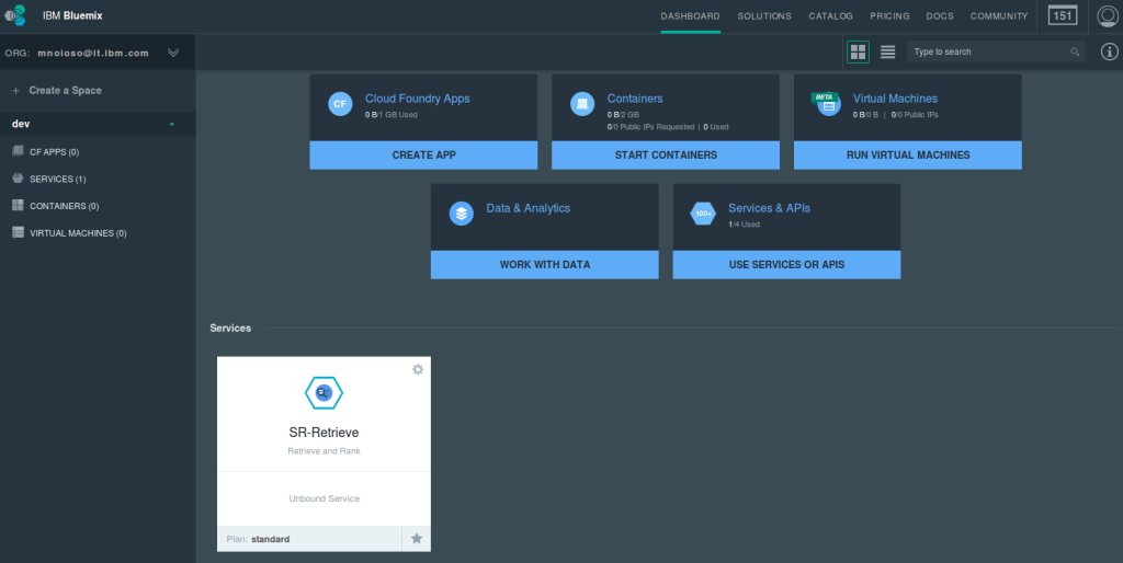 IBM Bluemix dashboard