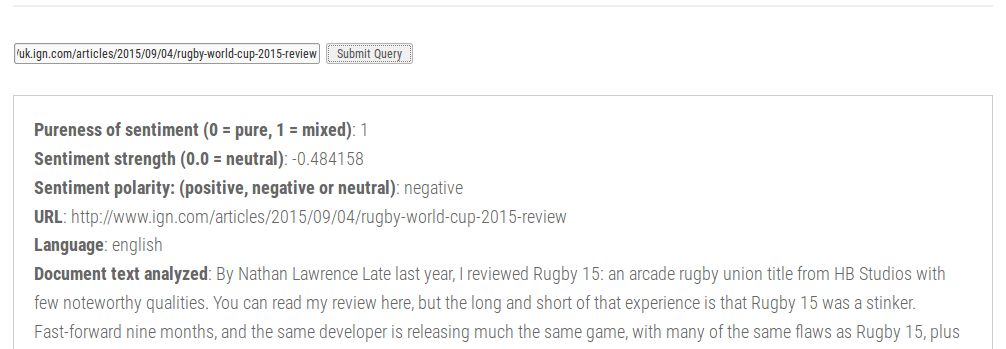 Rugby World Cup 2015 Review - Sentiment Analysis Result