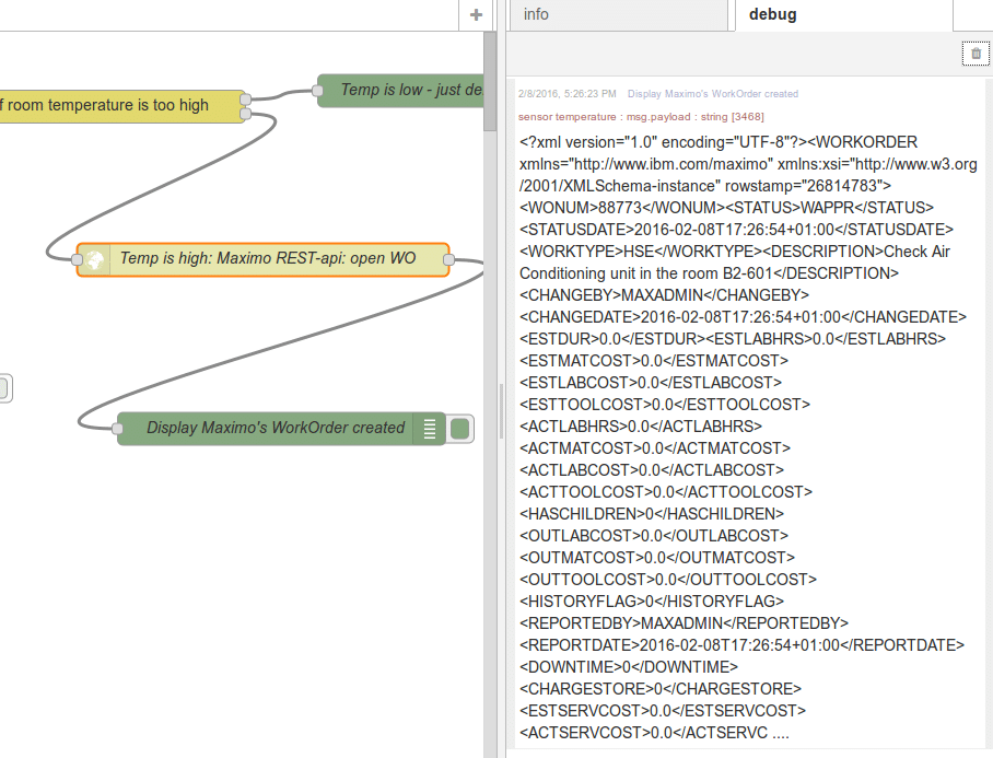 Maximo WO debug data on node-RED panel