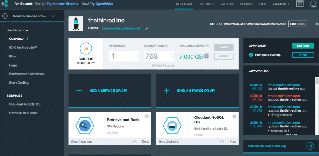 node-RED application dashboard ob Bluemix