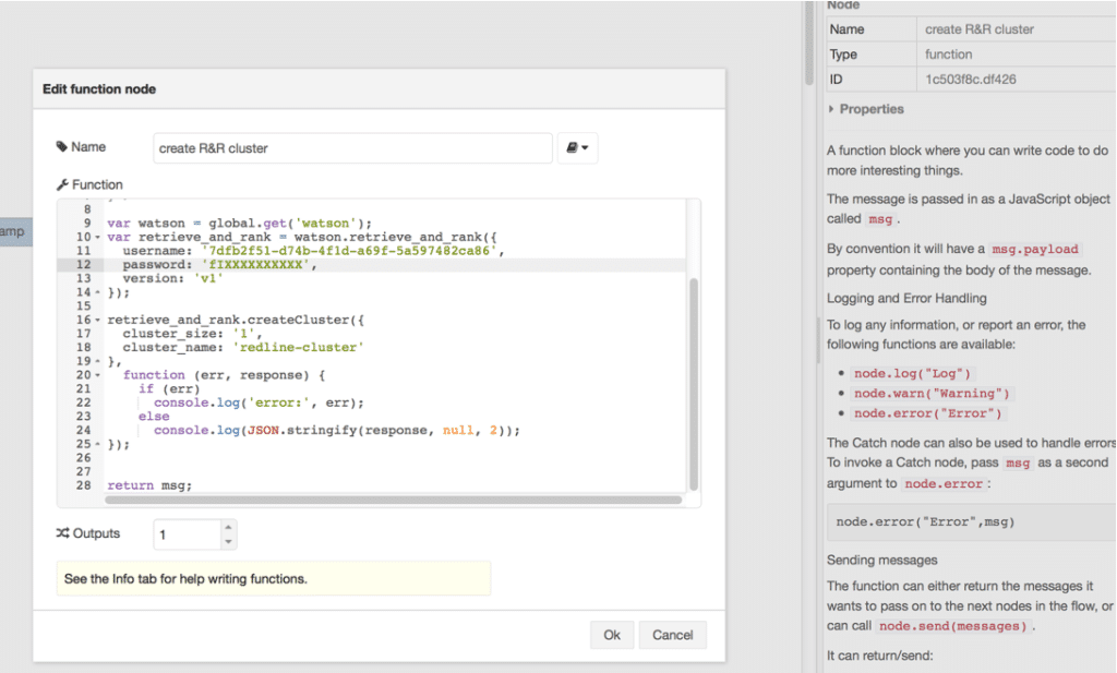 Watson APIS in node-RED function node