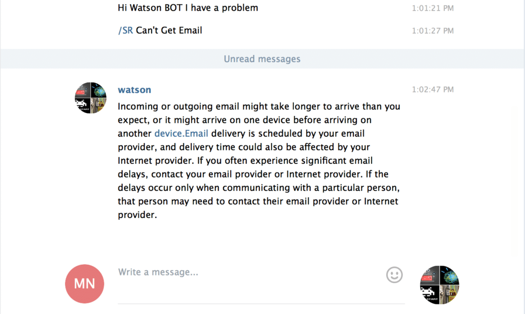 Watson handles a service request on a telegram chat with the Retrieve and Rank Service