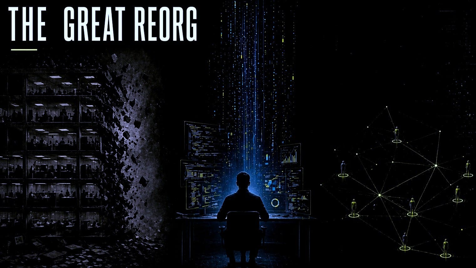 Editorial illustration showing a collapsing hierarchical organization, a central augmented individual working with AI systems, and a minimal decentralized network structure