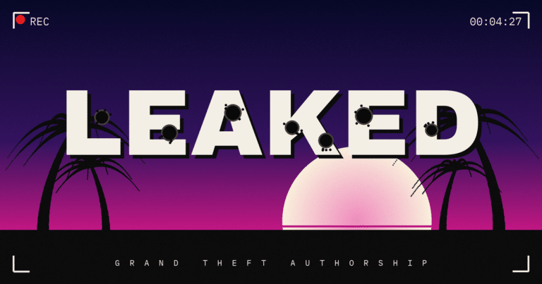 LEAKED spelled in bullet-riddled letters over a synthwave Vice City sunset with palm silhouettes, framed by a camcorder REC overlay.