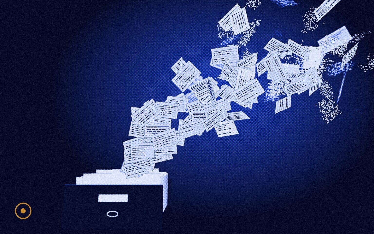 Index cards flying out of a card-catalog drawer and crumbling into fragments, a metaphor for what AI agents remember and forget, in cobalt duotone